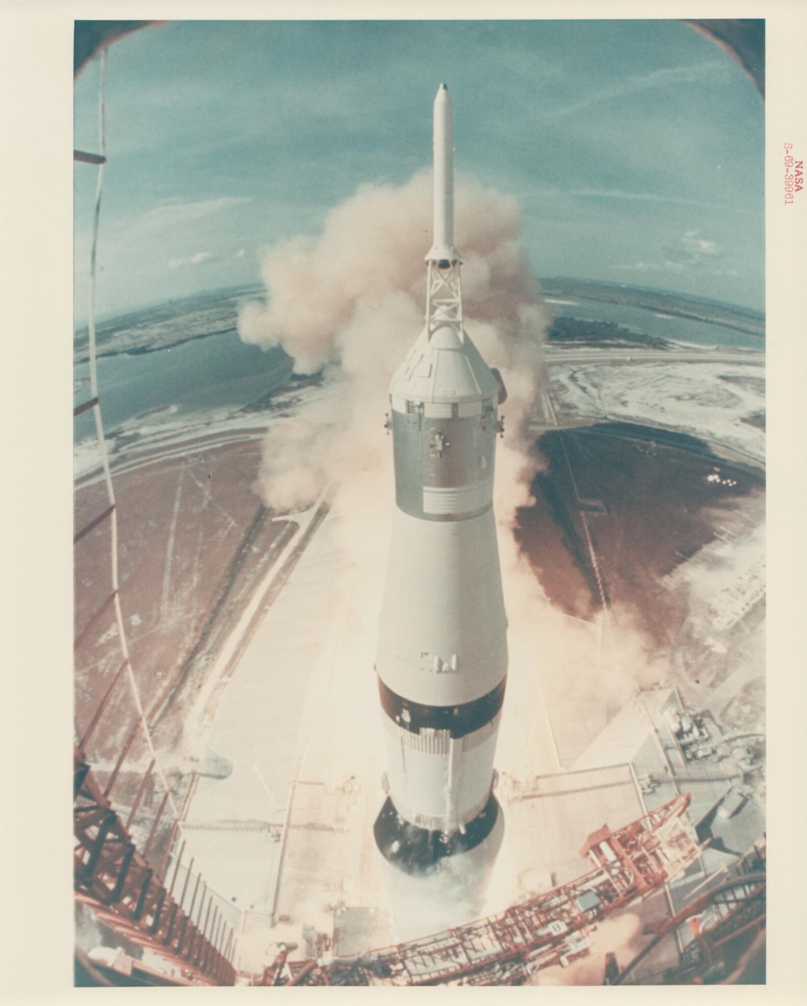 Apollo 11 lift-off seen from the top of the launch gantry, Apollo 11, July 1969