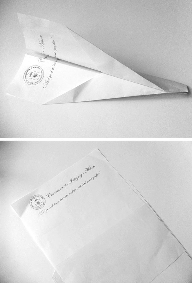Alejandro Vidal, Any idea that can be defended is presumed guilty, paper plane folded with CIA original letter office paper, 2011. Courtesy of the artist and Bucharest Biennale.