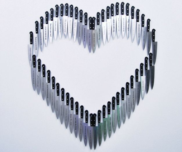 Carlos Aires - How deep is your love, stainless steel knifes engraved with titles of love songs, dimensions variable, 2011.