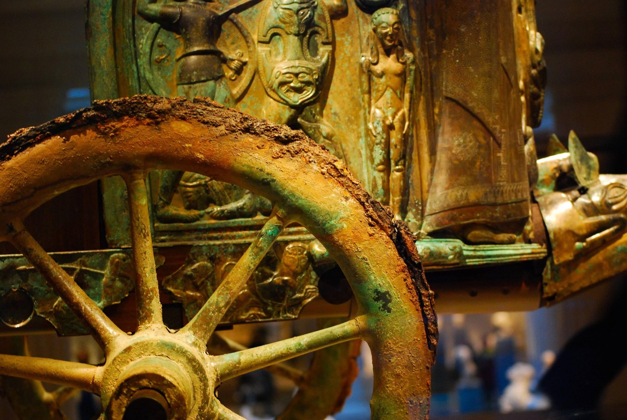 Detail of the the best-preserved and most complete ancient chariot- Etruscan Monteleone chariot. c. 530 BC Italy.