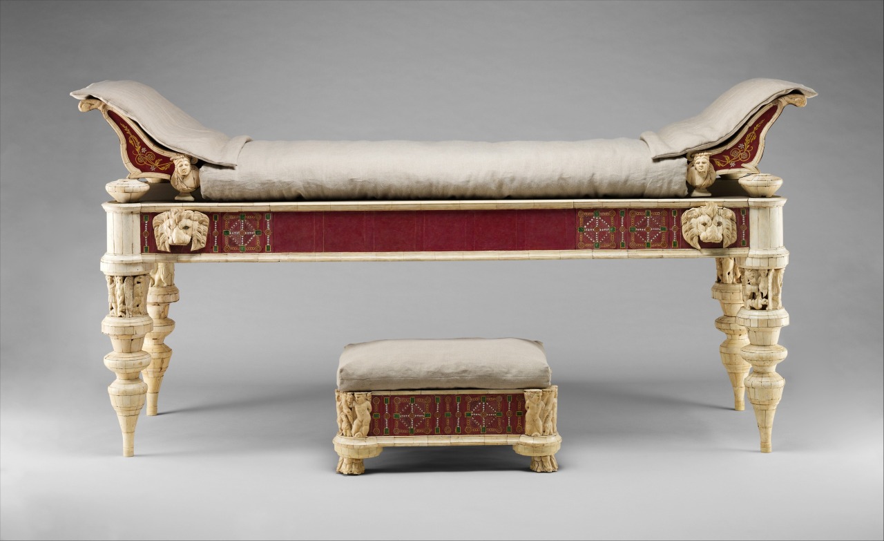 Roman couch and footstool with bone carvings and glass inlays, 2000 years old.